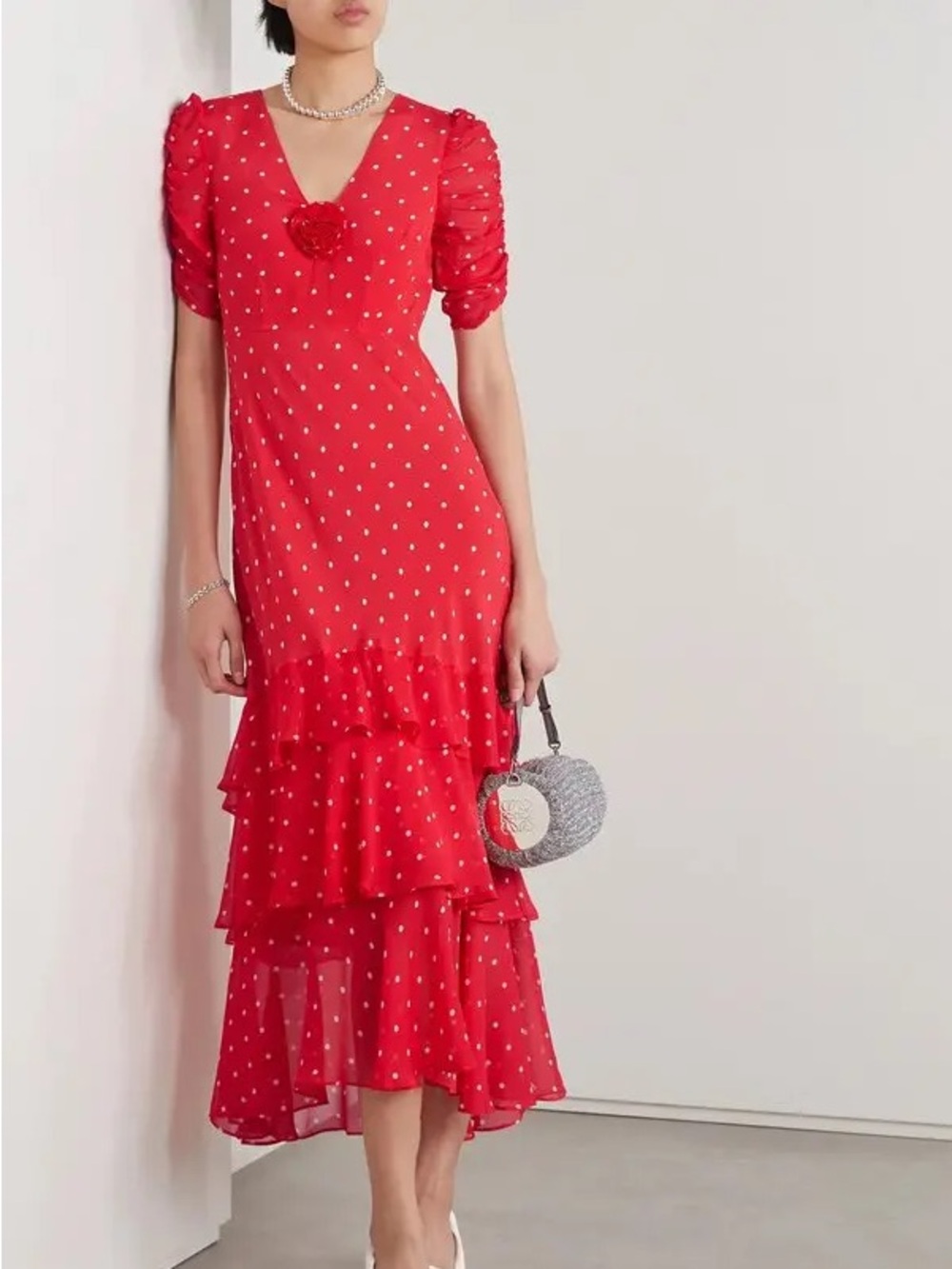 RIXO Red Polka Dot Midi Dress with Puff Sleeves US size 6